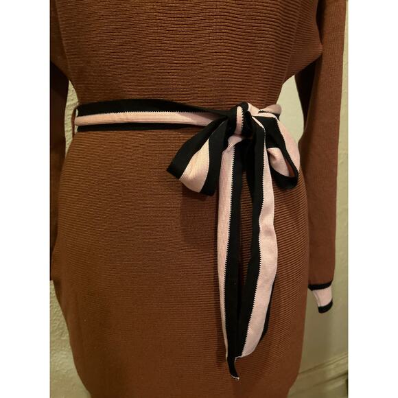 Off the Shoulder Boat Neck Contrast Long Sleeve Knit Belted Sweater Dress Size M - Picture 6 of 14